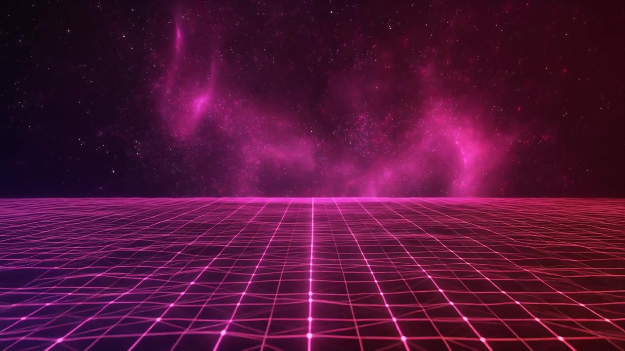 Paesaggio a griglia retro synthwave con sfondo di nebulosa rosa luminosa