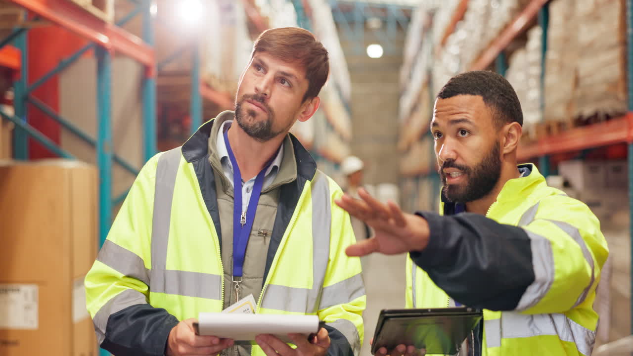 Warehouse workers discussing inventory with a tablet