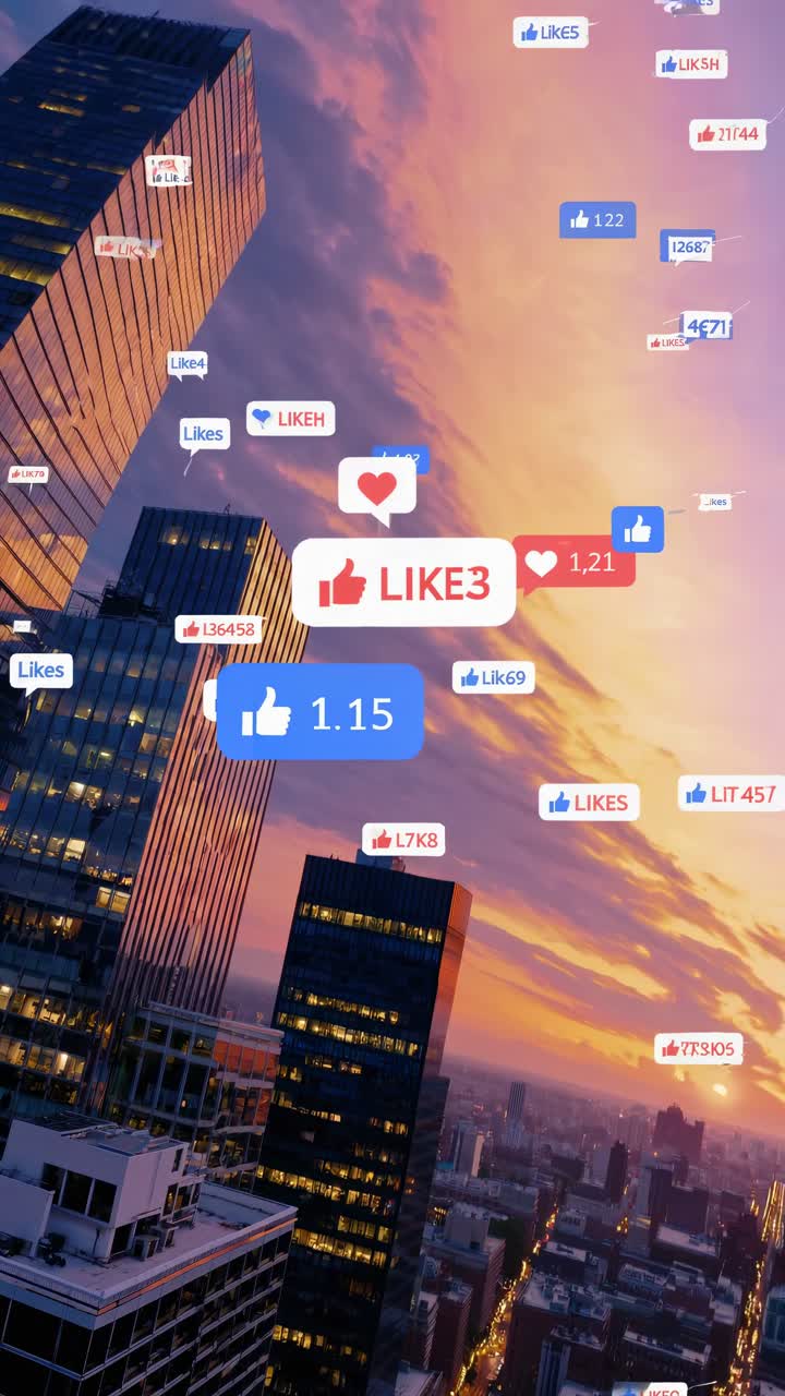 Ilmakuva pilvenpiirtäjistä auringonlaskun aikaan sosiaalisen median ikonien peittäessä näkymää ja luoden digitaalisen videon