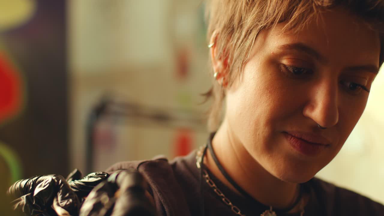 Young Woman Getting Hand-Poked Tattoo on Arm in Salon