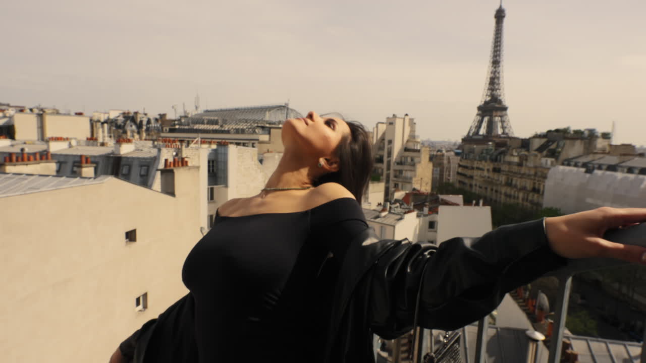 Beautiful Woman Shaking Her Long Black Hair, In Front of Eiffel Tower, Paris, France, Wide Angle, Camera Pushes In Toward Subject