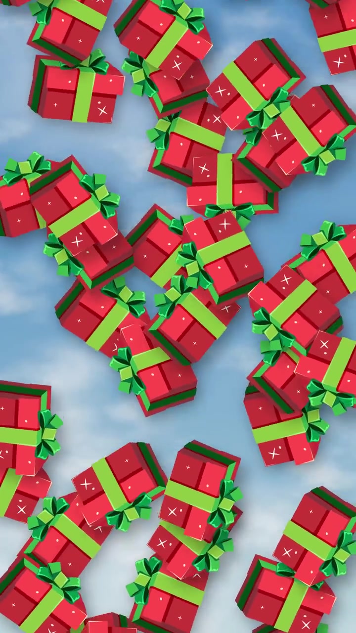 3D animated red holiday gift boxes with green ribbons raining down against blue cloudy sky.