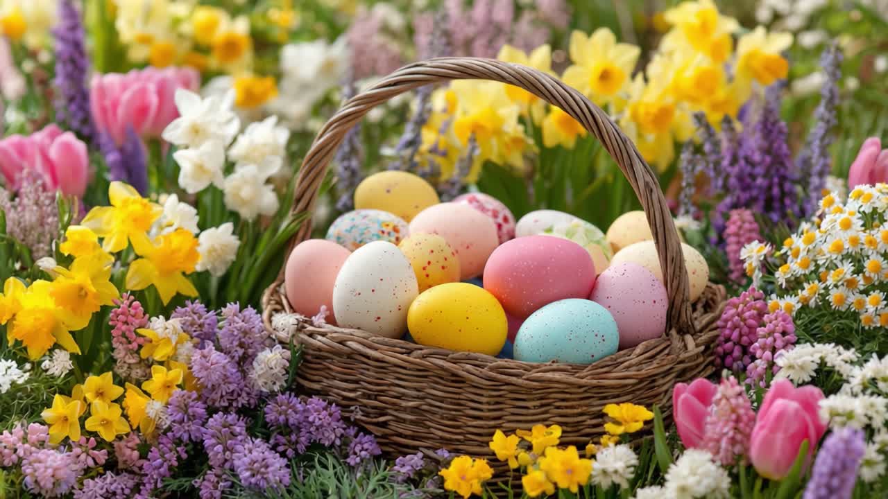 A Beautiful Spring Display of Colorful Easter Eggs Nestled in a Basket Surrounded by Vibrant Flowers, Celebrating the Joy and Festivity of the Easter Season