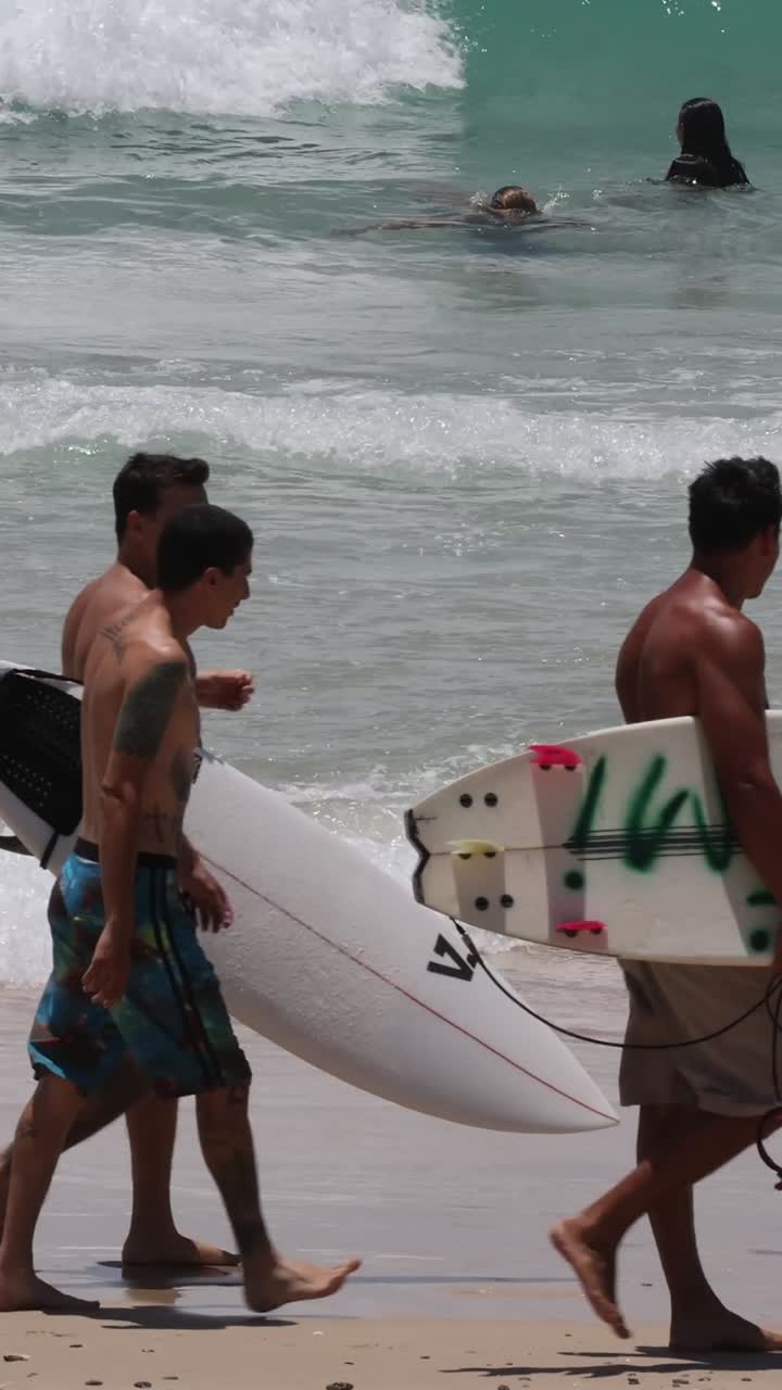 grupo de surfistas que llevan tablas por el mar
