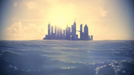 cityscape skyline ocean rising sea level silhouette skyscraper future island 4k