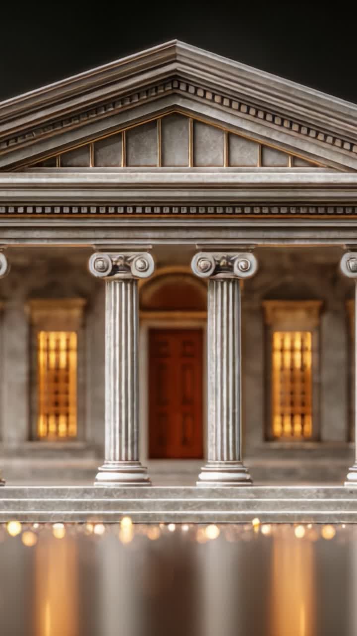 Uno straordinario esempio di architettura: un elegante edificio con classiche colonne e dettagli decorati, immerso in una calda illuminazione per un impatto visivo sorprendente.