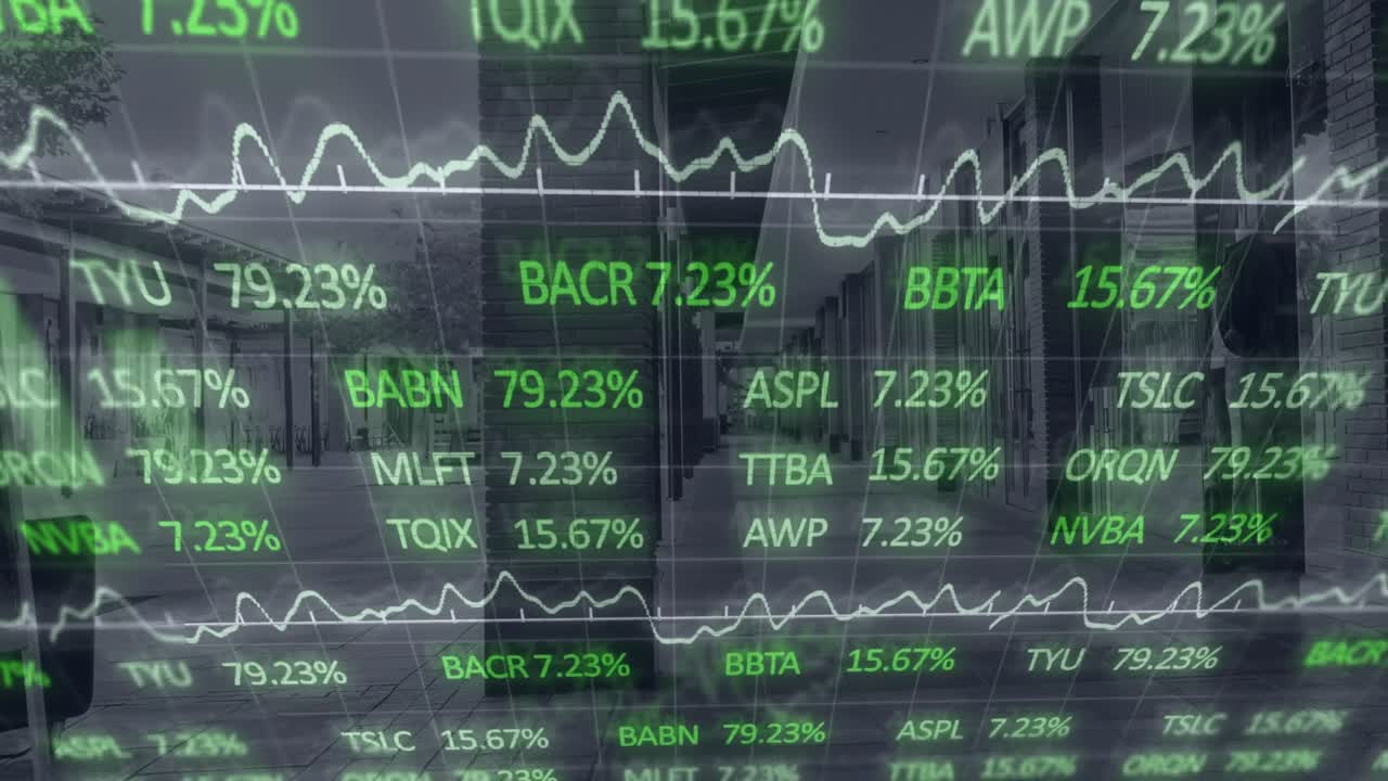 Animazione di elaborazione dati di borsa su sfondo di un corridoio vuoto.