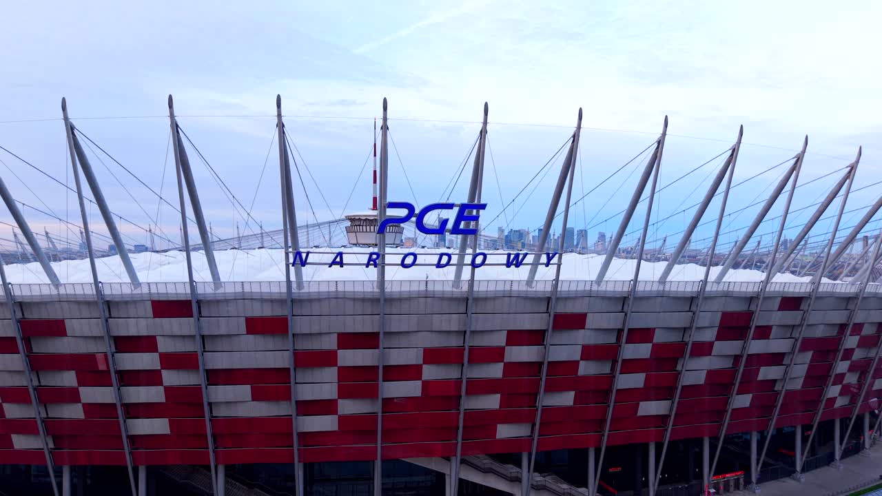 Drone Shot of Exterior and Logo Sign on National Football Stadium in Warsaw, Poland. PGE Narodowy