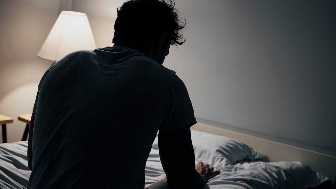 불빛이 희미한 침실에서 침대에 앉아 깊은 정신적 고통을 경험하고, 지속적인 불면증과 압도적인 감정적 고통과 싸우고있는 곤란한 젊은 남성.