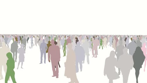 camera panning or walking around in the crowd of colorful people in the round path with white isolated background