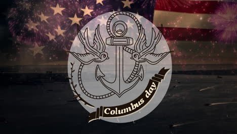 animation of anchor with birds and happy columbus day over flag of united states of america