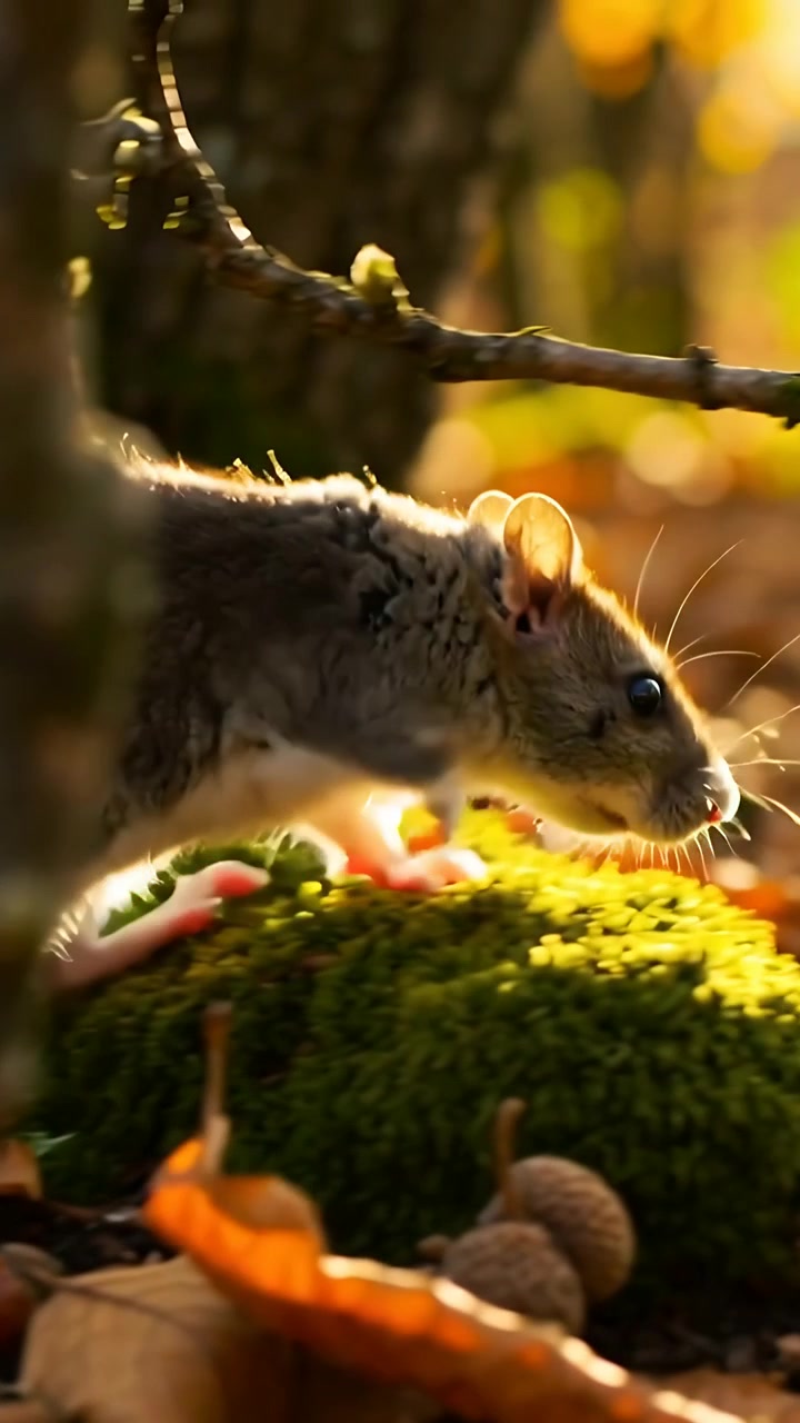Video verticale: Piccolo topo marrone che annusa e individua una ghianda, cercando cibo su un terreno coperto di foglie con muschio