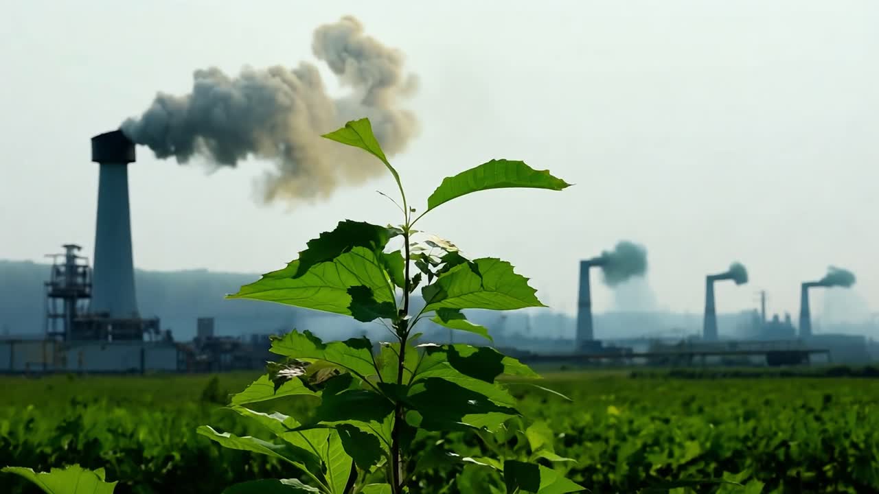 공장 근처에서 자라는 작은 나무는 두꺼운 연기를 방출하여 자연과 산업 오염 사이의 대조를 강조합니다.
