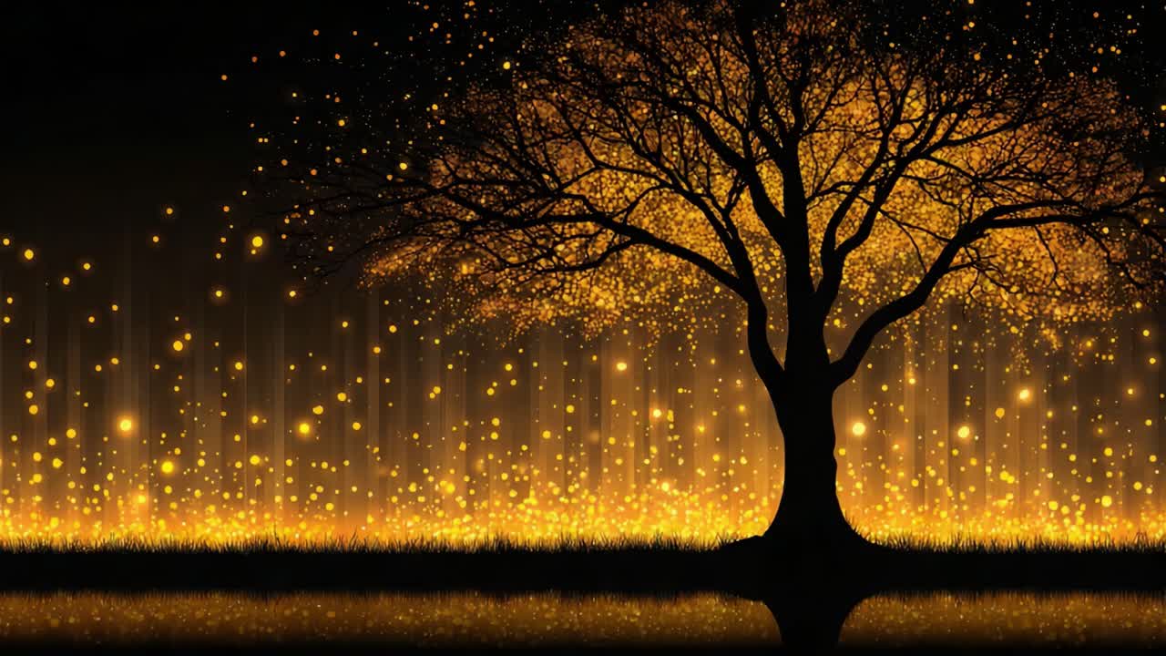 A Majestic Tree Illuminated by Golden Lights Against a Dark Backdrop, Surrounded by a Glowing Atmosphere of Sparkling Particles Reflecting on Still Waters