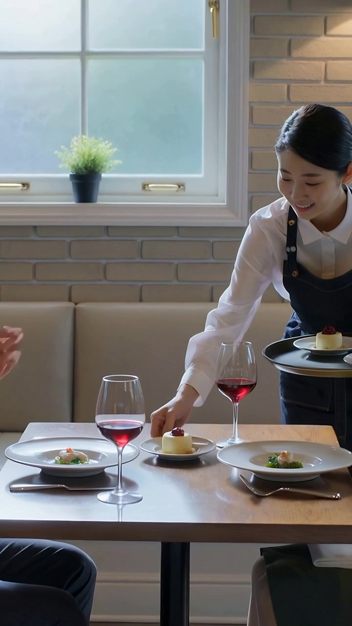 Vertical video: Walking server with tray placing dessert at window table serving diners, apron