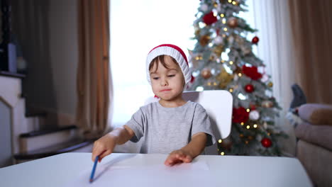 Cute Caucasian baby boy in red Santa cap drawing with blue pencil. Lovely kid in the room decorated for Christmas.