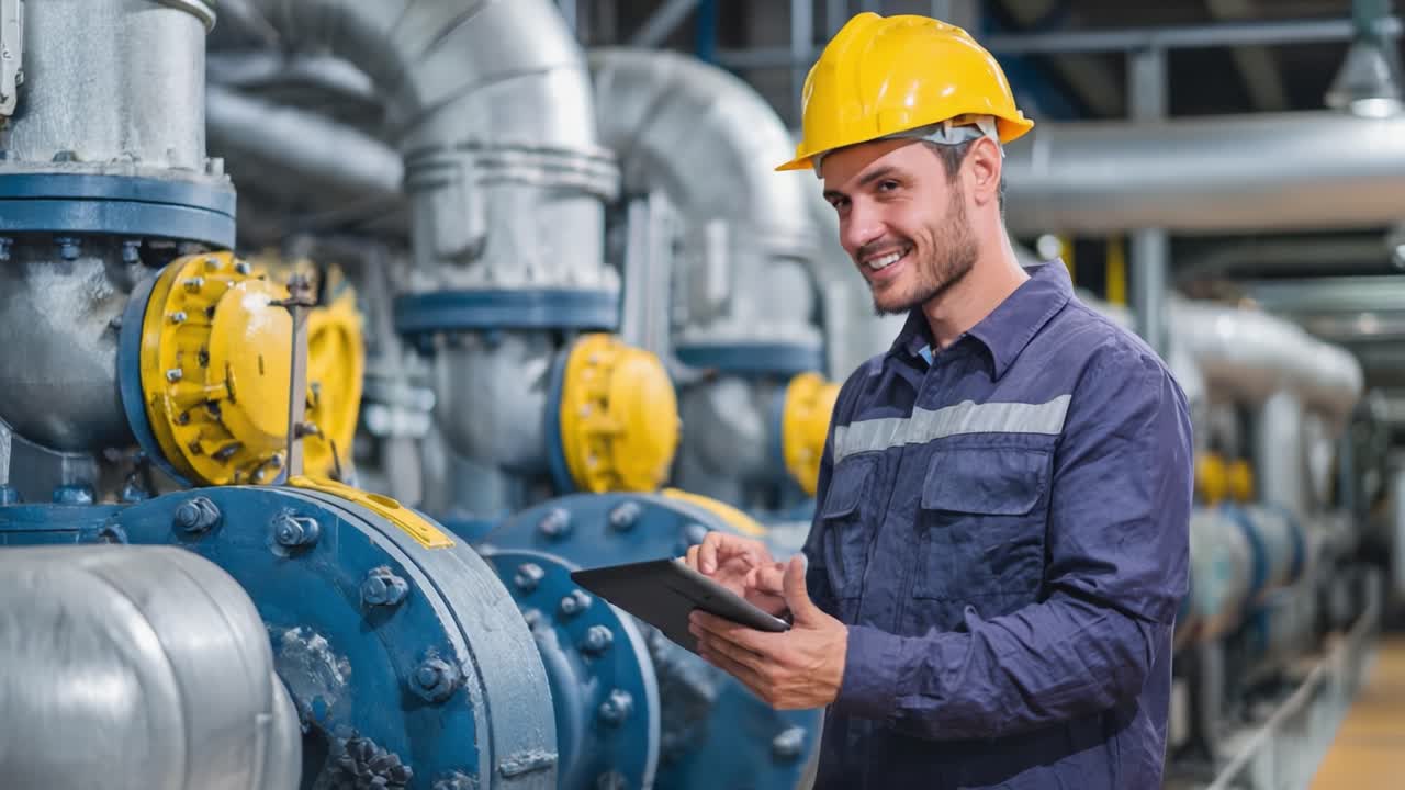 A Skilled Worker in Safety Gear Reviews Operations on a Tablet Amidst Industrial Machinery and Equipment in a Modern Facility