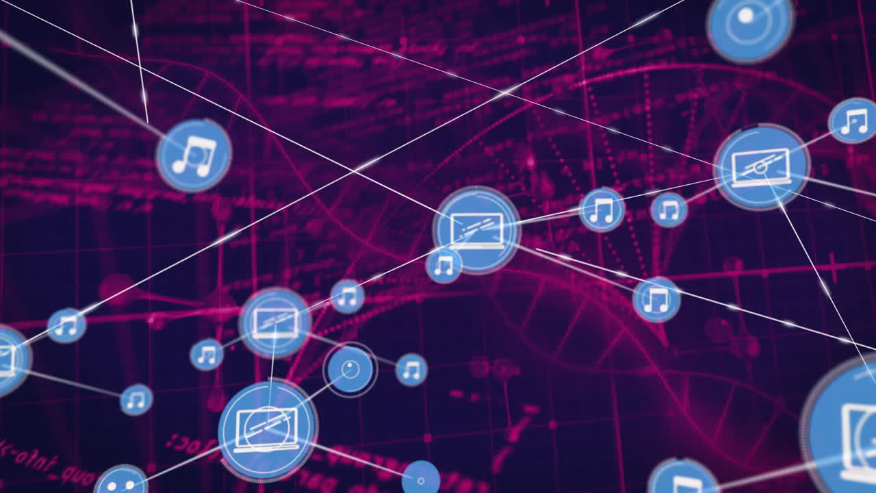 Animation of music and technology icons connecting over digital network background