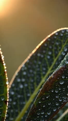 close-up of leaves with dew drops at sunrise