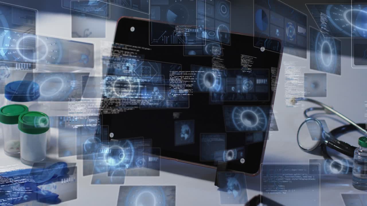 Animation of scientific data processing over screens, laptop and stethoscope