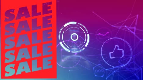 sale text banner and round scanner over network of digital icons against gradient background