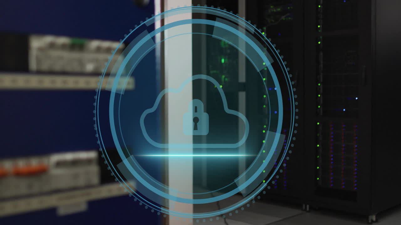 Animation of cloud icon and digital data processing over computer servers