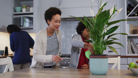 Pareja-De-Lesbianas-De-Raza-Mixta-E-Hija-Regar-Las-Plantas-En-La-Cocina