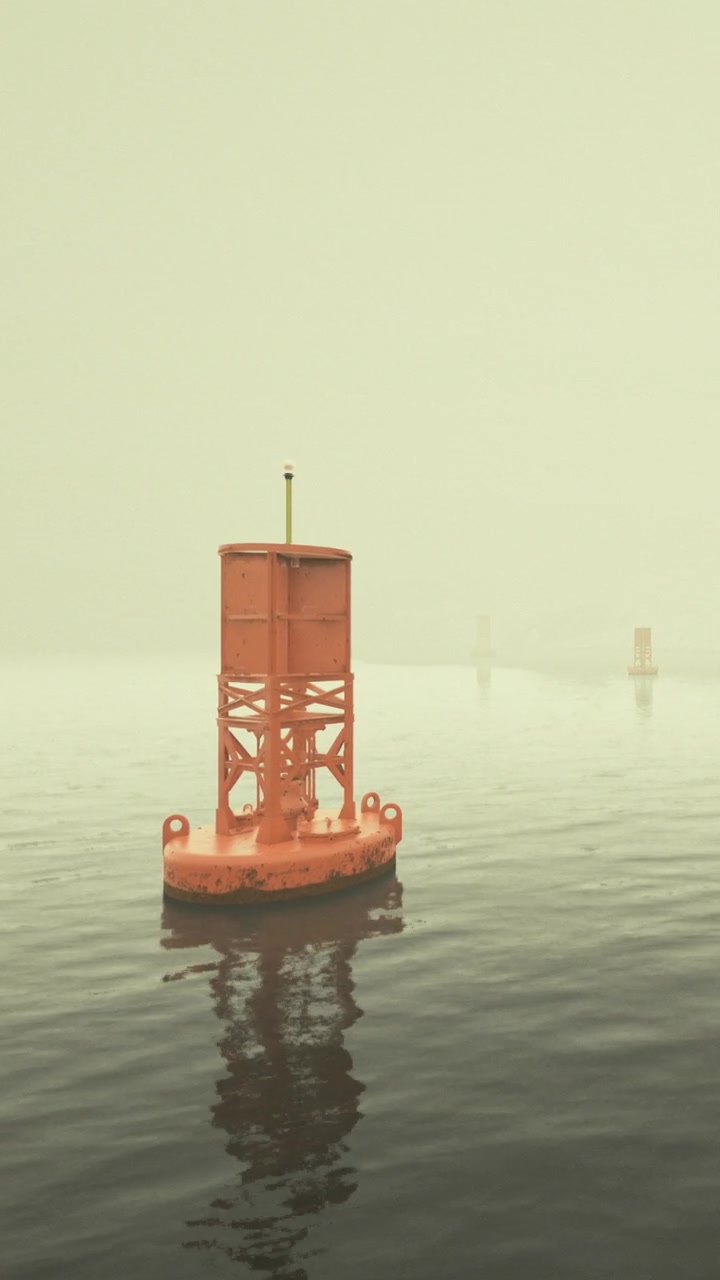 Buoy in foggy water during early morning near coastal area