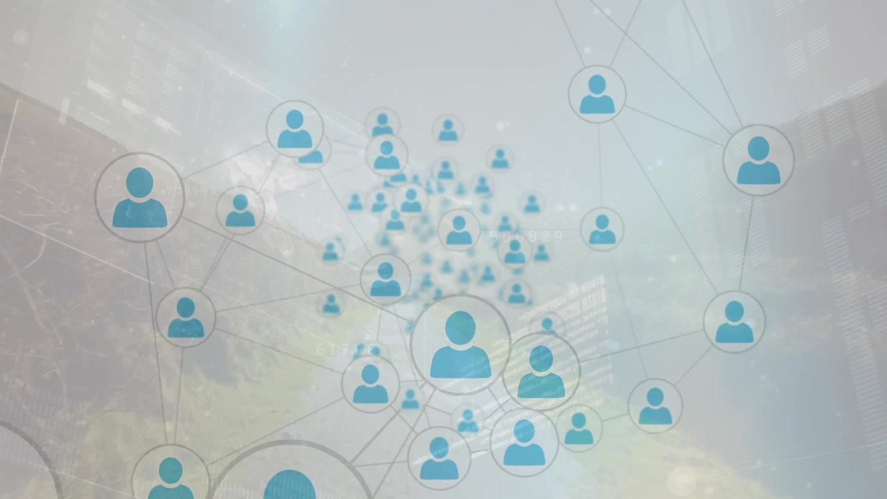 Digital Network Connection with Social Media Icons Overlaid on Landscape