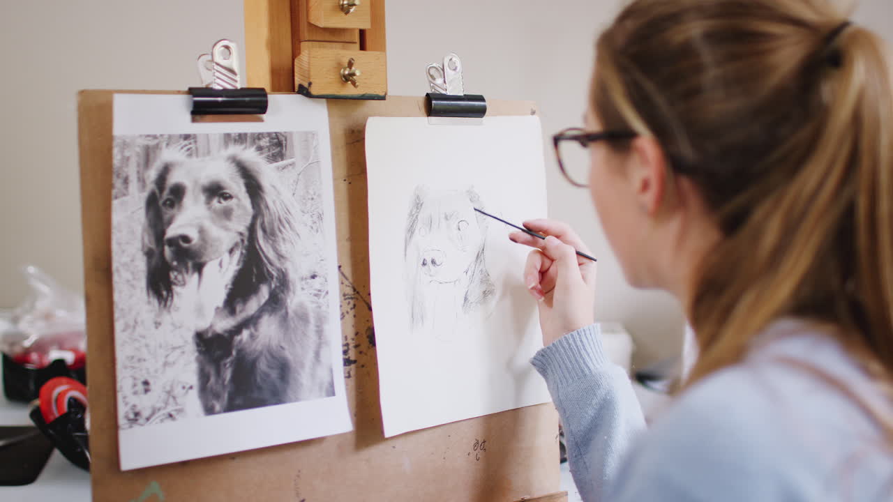 Female Teenage Artist Sitting At Easel Drawing Picture Of Dog From Photograph In Charcoal