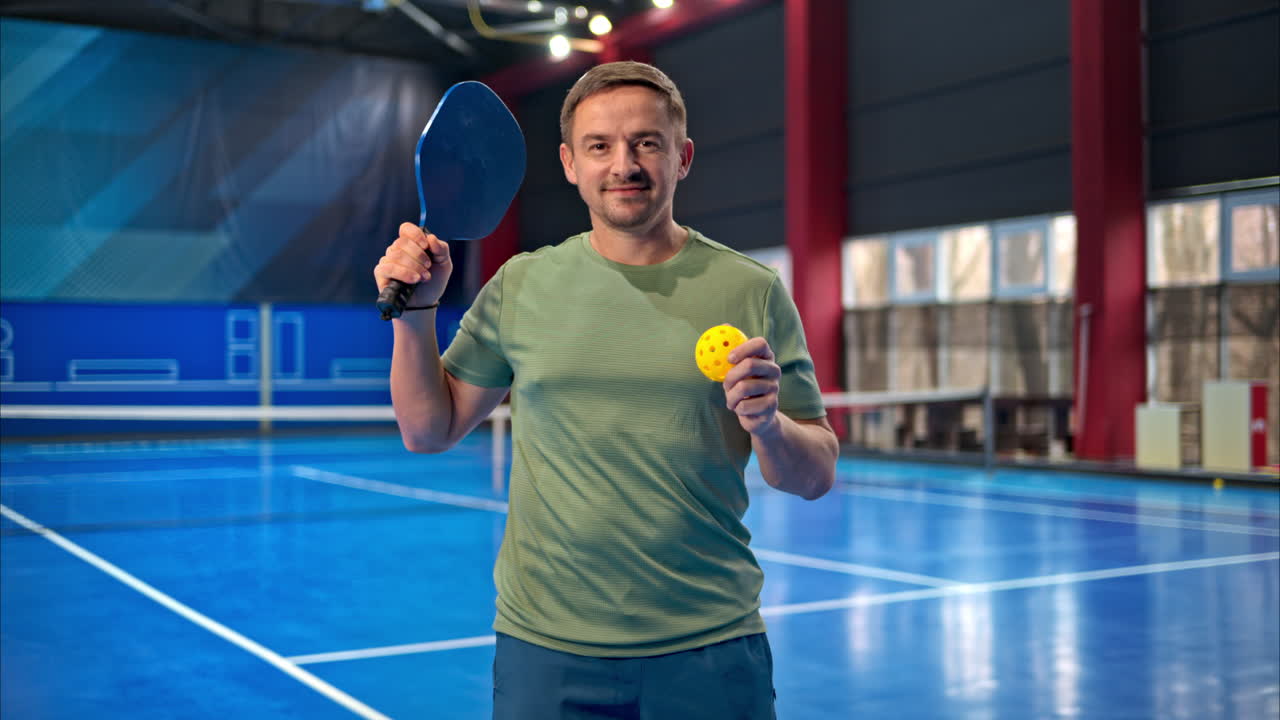 A man in a green t-shirt posing after playing pickleball on a blue, inside court