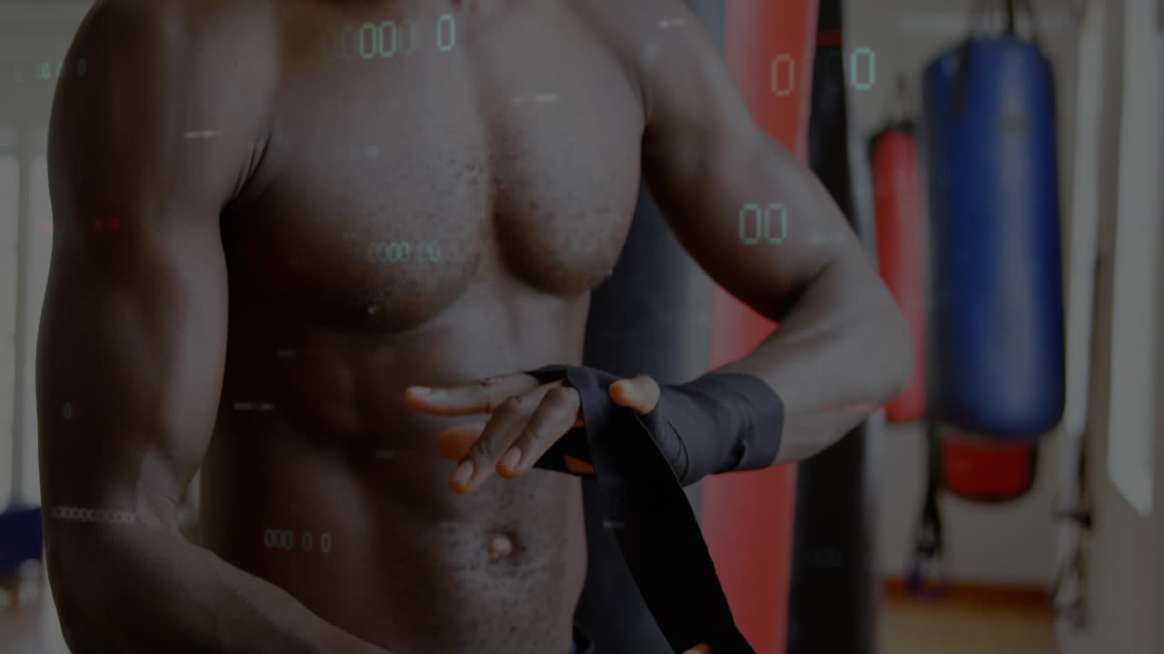 male boxer wrapping hands inside fitness gym, showing animated performance chart and floating stats