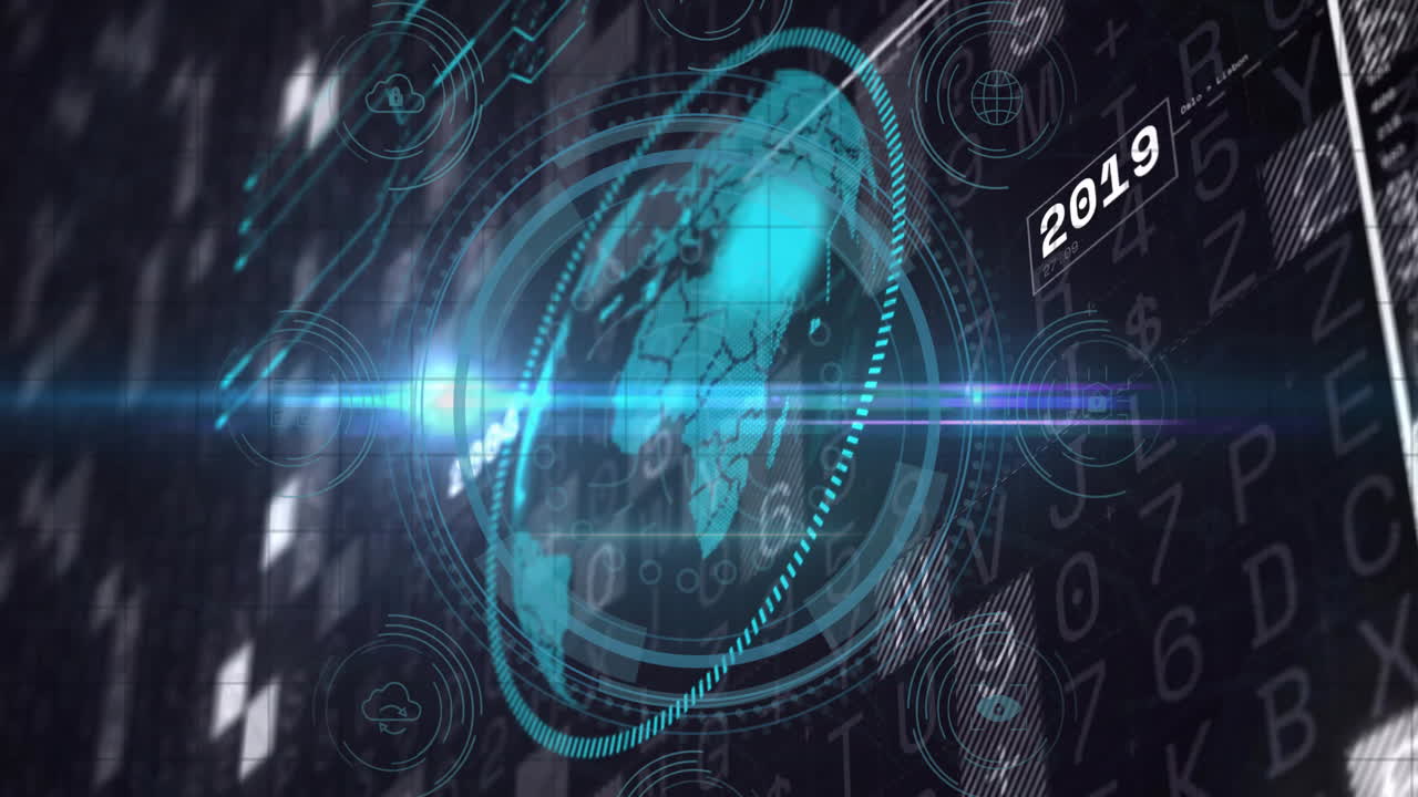 Animation of futuristic digital globe with technology elements, year 2019 highlighted