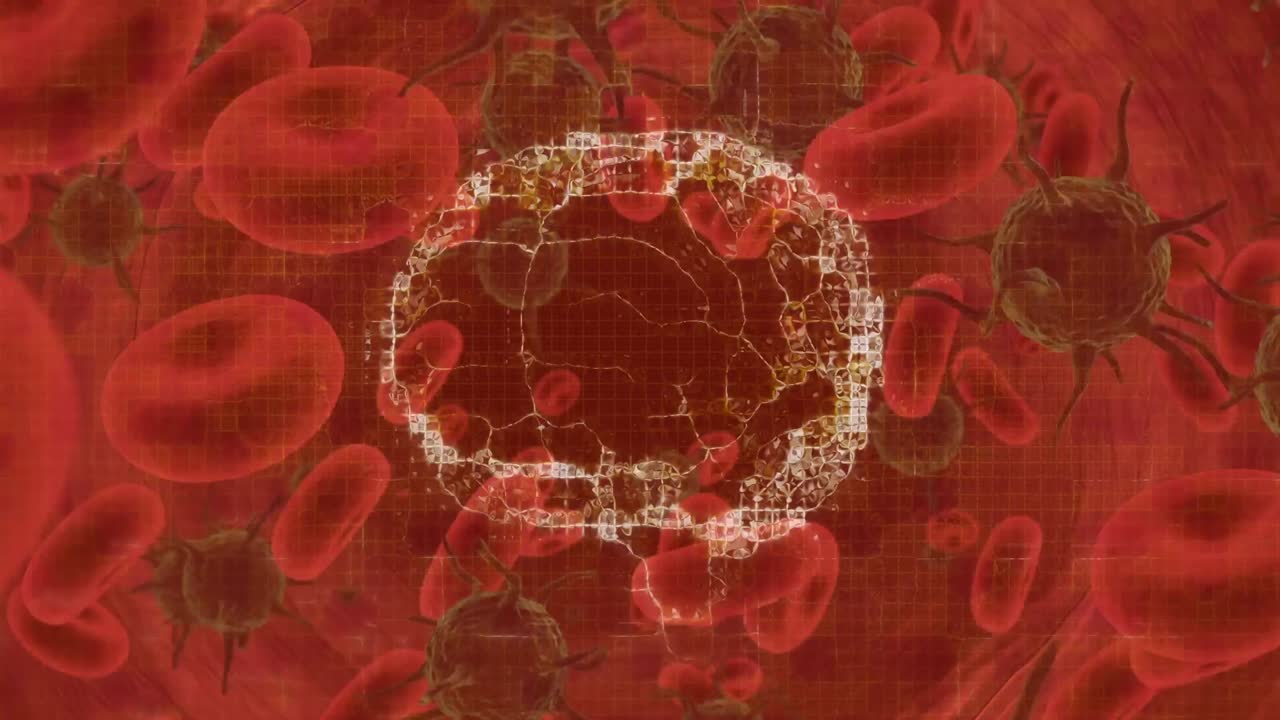 빨간색 배경에 움직이는 세포 위에서 회전하는 인간 뇌의 애니메이션