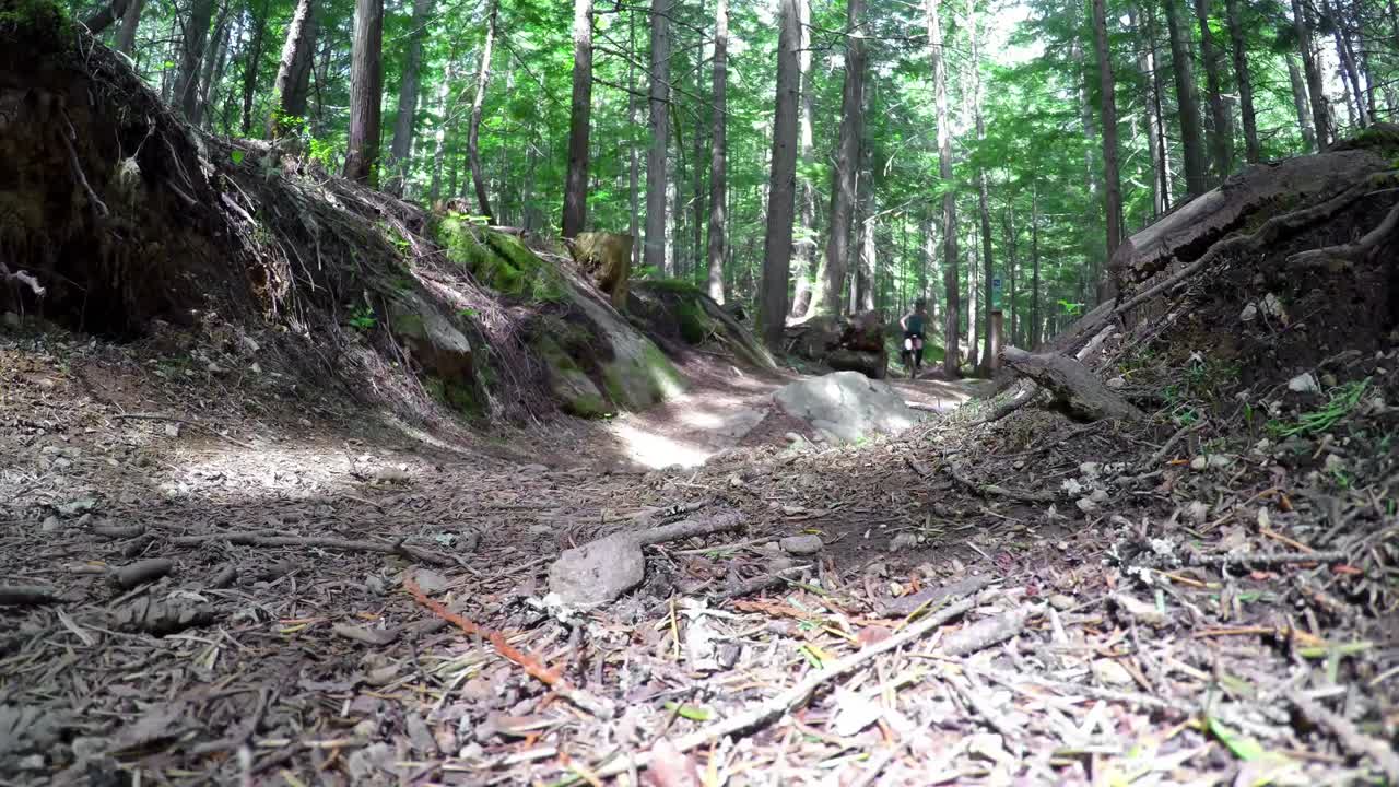 mujer montando un monociclo en el bosque 4k