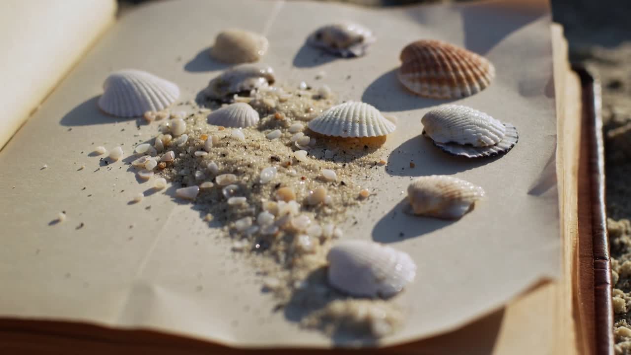 Messa a fuoco della lente della fotocamera che rivela una disposizione a grappolo di conchiglie su un libro aperto, mostrando le texture.