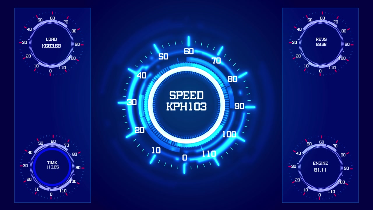 Interfaccia futuristica del cruscotto del veicolo con tachimetro blu brillante, indicatori laterali, segni numerici e stile da corsa.