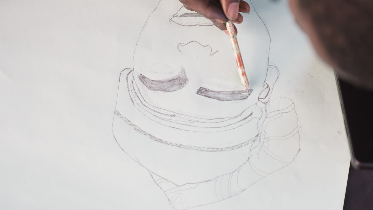 Brush painting focused student face. Instructor carefully applying dark pigment to sketch. Overhead perspective captures educator meticulously adding black color to portrait sketch in classroom