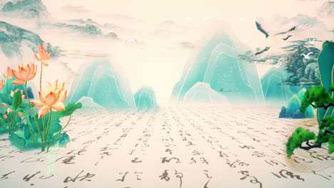 mysterious landscape china's traditional oriental digital art animation, chinese retro painting ink misty mountain with flowers, tree, birds, river in fog background
