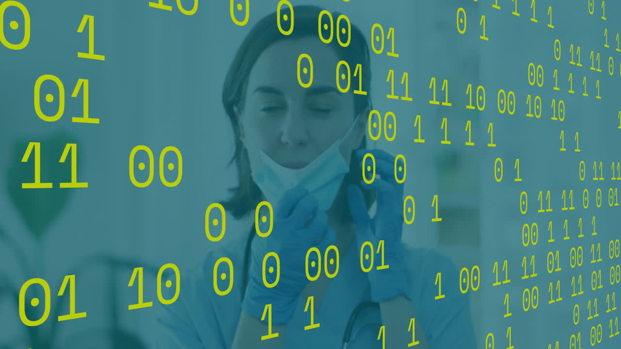 Female medical professional adjusting surgical mask in clinic, with floating binary code overlay