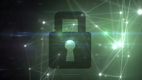 animación digital de una red brillante de conexiones sobre el icono de candado de seguridad sobre fondo verde