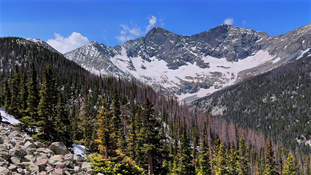 Blanca Peak Sangre De Cristo Range Mt Mount Lindsey 14er Northwest Ridge hike route trail aerial drone Colorado spring summer snow fields morning blue sky clouds Rocky Mountains pan right motion