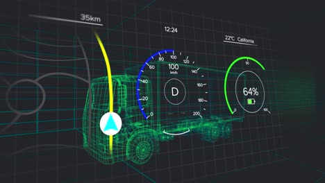 animation of arrow on line, speedometers, numbers, text, 3d model of truck against black background