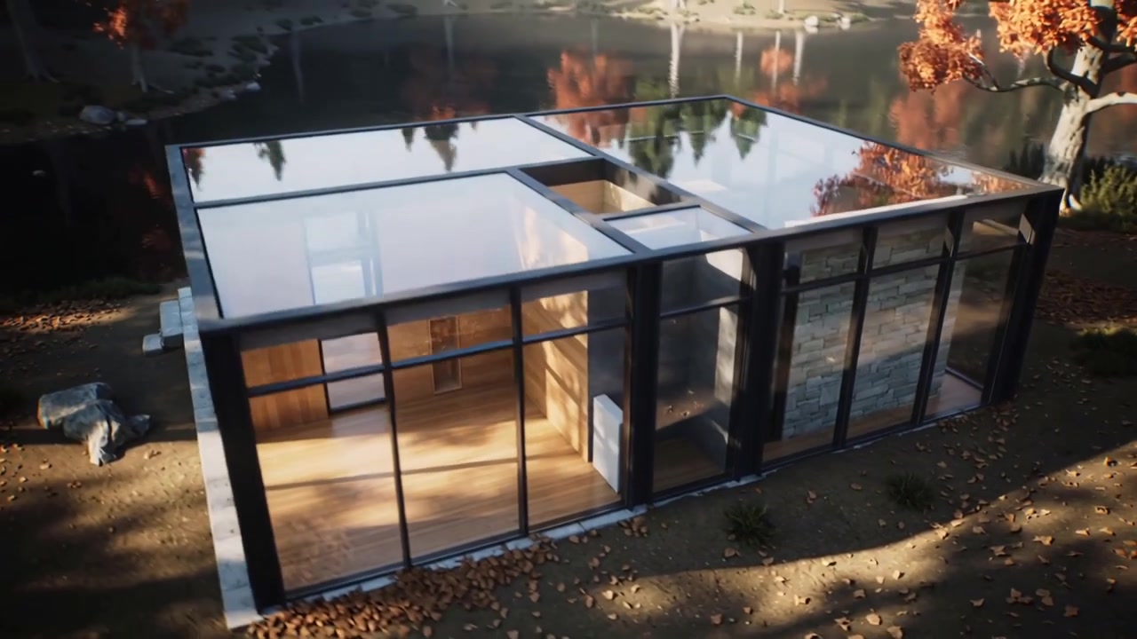 Drone che scende rivelando una casa di vetro contemporanea sul bordo del lago, mostrando un cortile centrale