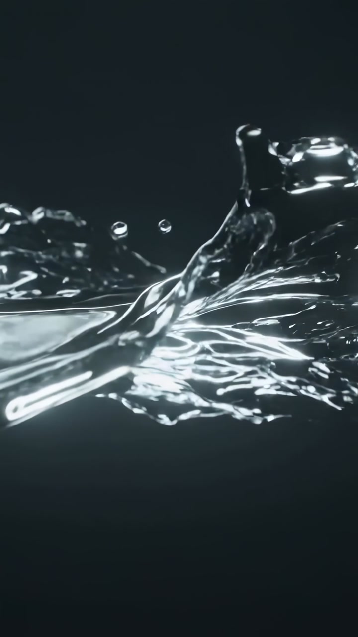 Vertical video: Ripple sending liquid ribbon ejecting droplets and jets on dark rim-lit backdrop