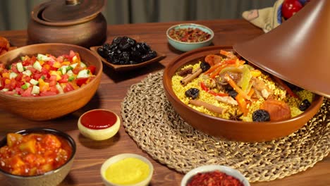 moroccan cuisine. tajine, traditional dish made of lamb and eggplant, vegetable salad. middle eastern culture. couscous with mutton close-up, delicious rice. homemade food.