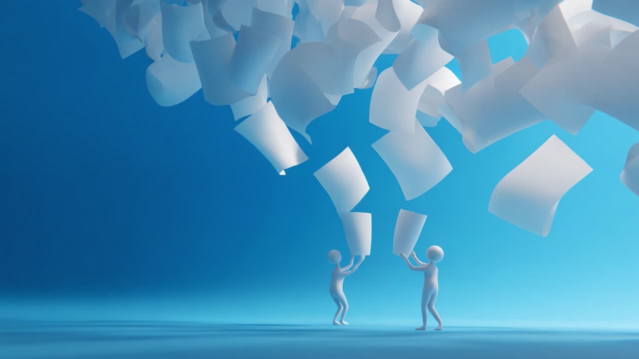 A Creative Exchange: Two Characters Playfully Share Sheets of Paper Against a Serene Blue Background, Capturing the Essence of Collaboration and Imagination in a Dynamic Environment