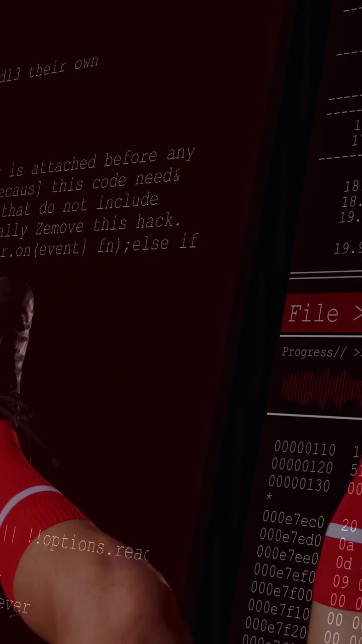 Code panel lighting up, man entering left, lifting red legwear black-heels to contrast tech code