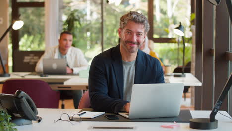 Portrait-Of-Smiling-Mature-Businessman-Working-On-Laptop-At-Desk-In-Office