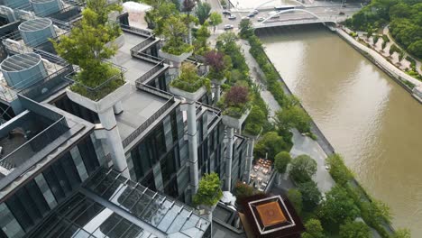 low aerial shot overhead the 1000 trees shopping mall in full bloom